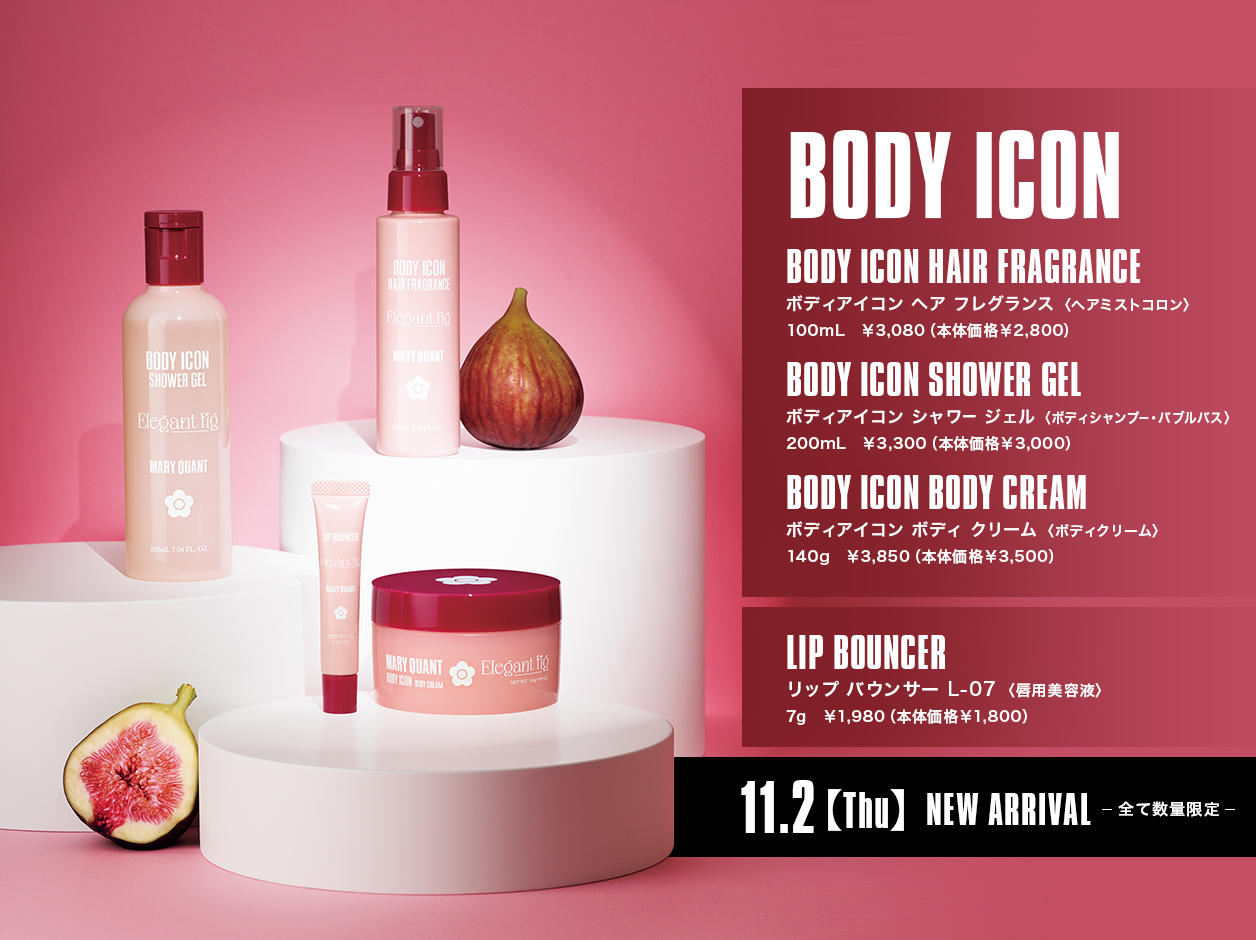 ［BLOCK ICON］BODY ICON HAIR FRAGRANCE. BODY ICON SHOWER GEL. BODY ICON BODY CREAM. ［LIP BOUNCER］