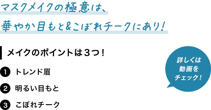 マスクメイクの極意は、華やか目もと&こぼれチークにあり！ メイクのポイントは３つ！ 1 トレンド眉 2 明るい目もと 3 こぼれチーク
